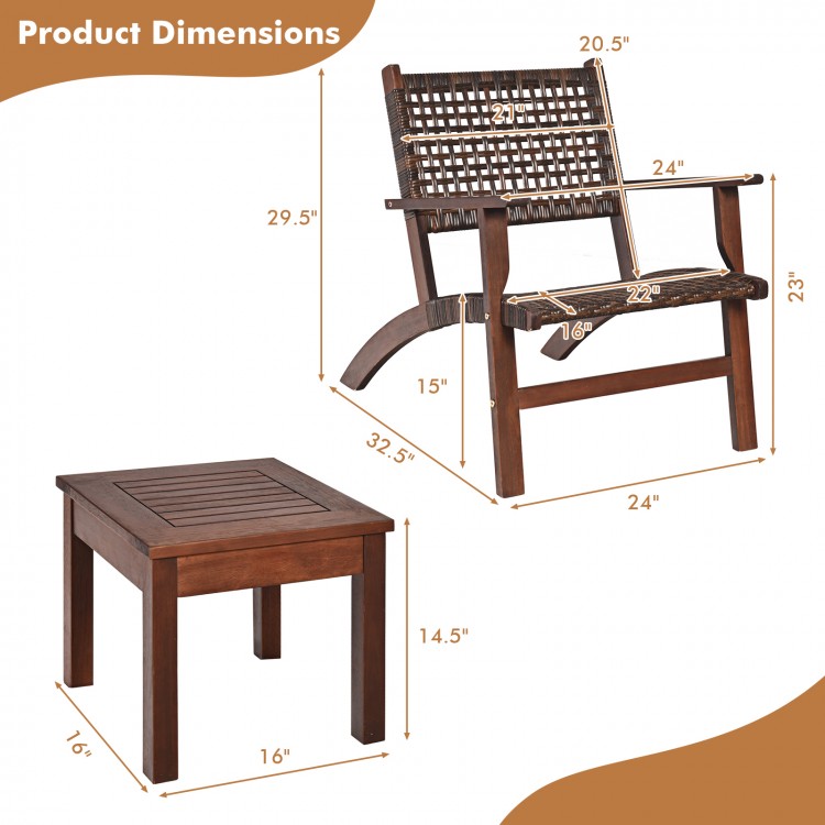 Dimensions of the 3 Pieces Outdoor Wooden Patio Rattan Furniture Set, featuring sturdy armchairs and a solid wood table.