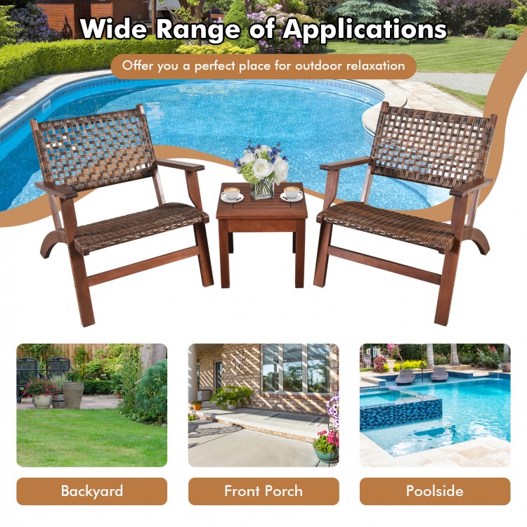 Outdoor wooden patio rattan furniture set with two armchairs and table, perfect for poolside relaxation.