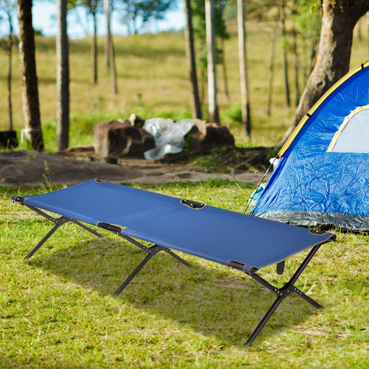 Folding camping cot in blue with sturdy iron frame, ideal for outdoor use or office naps, supports up to 300 lbs.