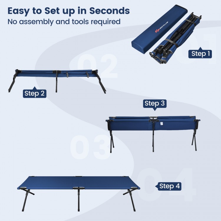 Folding camping cot in blue with sturdy iron frame, easy setup, and portable carry bag for outdoor adventures.