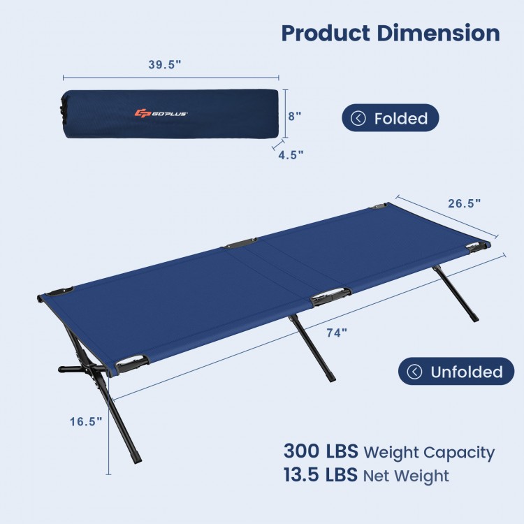 Folding camping cot in blue with sturdy iron frame, 300 lbs capacity, compact for easy transport and storage.