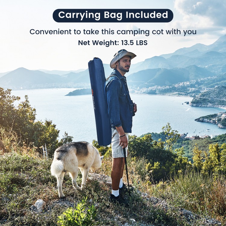 Folding camping cot in blue with carrying bag, featuring sturdy iron frame and 600D oxford fabric for outdoor use.