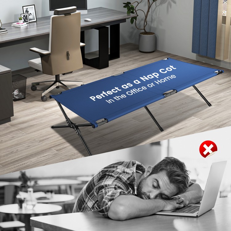 Folding camping cot in blue with sturdy iron frame, ideal for naps at home or in the office, supports up to 300 lbs.
