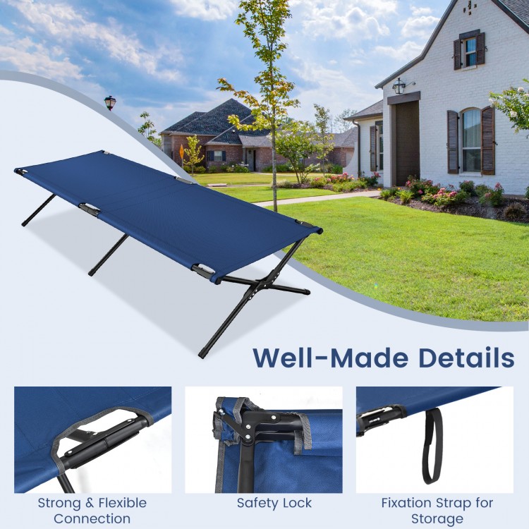 Folding camping cot in blue with sturdy iron frame, portable design, ideal for camping, hiking, or office naps.