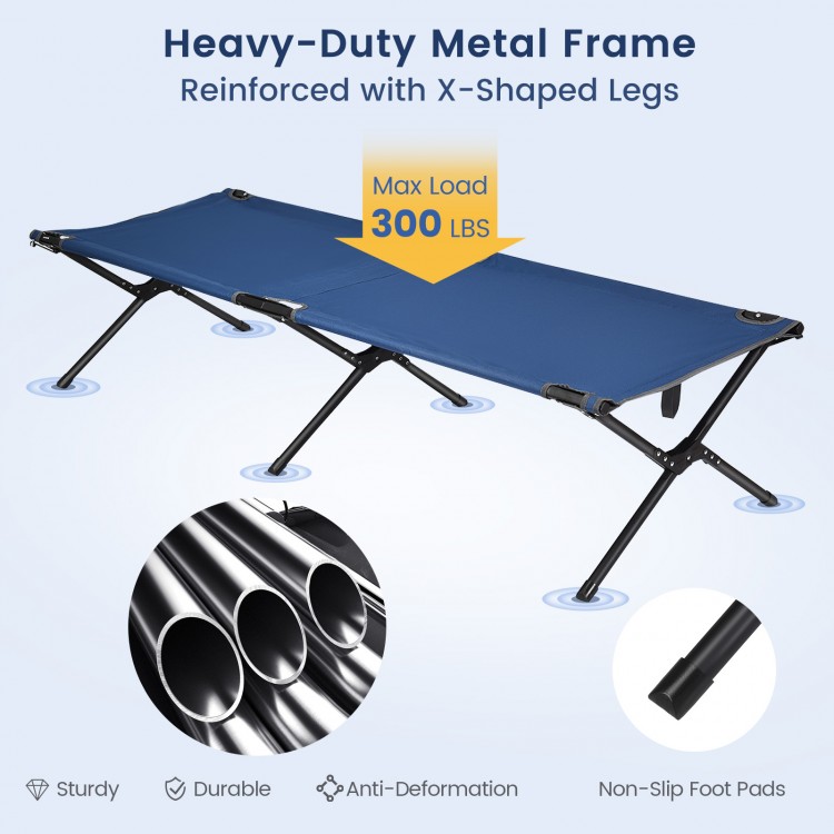 Folding camping cot in blue with heavy-duty iron frame, X-shaped legs, and non-slip feet, supports up to 300 lbs.