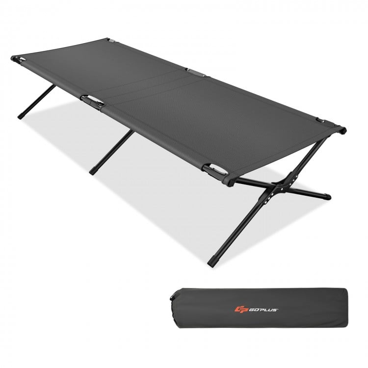 Folding camping cot in gray with sturdy iron frame and portable carry bag, ideal for camping and outdoor use.