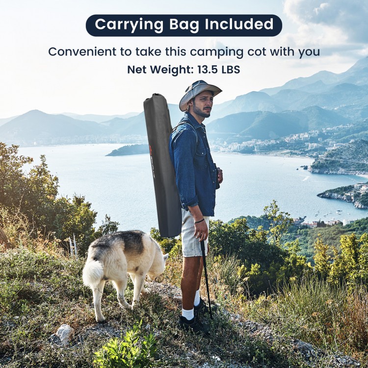 Folding camping cot in gray with carrying bag, made of heavy-duty 600D oxford fabric, ideal for outdoor adventures.