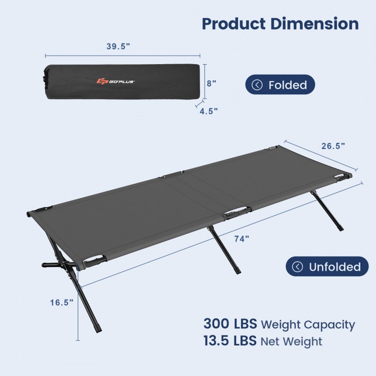 Folding camping cot in gray with sturdy iron frame, 300 lbs capacity, compact for easy transport and storage.