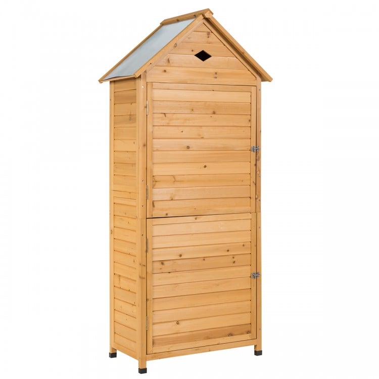 Wooden outdoor lockable garden tool storage with galvanized sheet roof and five shelves, ideal for organizing tools.