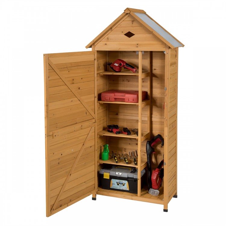 Wooden outdoor lockable garden tool storage with five shelves, made of durable fir wood, perfect for organizing tools.