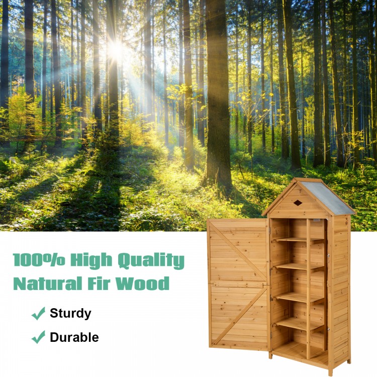 Wooden outdoor lockable garden tool storage made of high-quality fir wood, featuring a galvanized roof and five shelves.