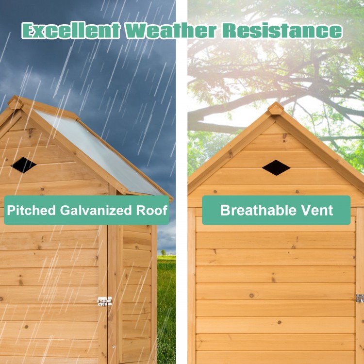 Wooden outdoor garden tool storage with a pitched galvanized roof and breathable vent, ideal for organizing tools.