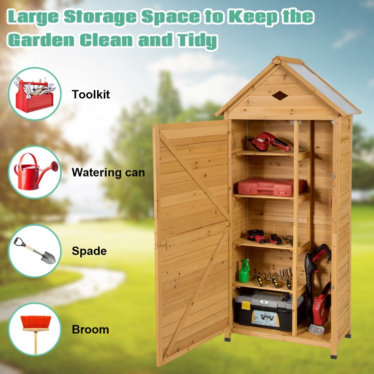 Wooden outdoor lockable garden tool storage with five shelves, made of durable fir wood, ideal for organizing tools.