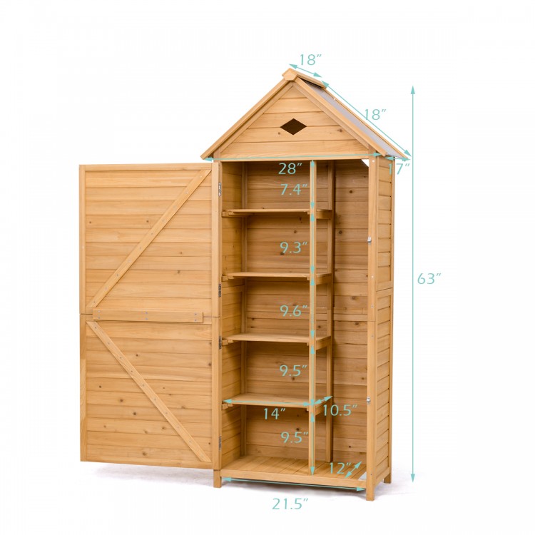 Wooden outdoor lockable garden tool storage with five shelves, made of fir wood, featuring a waterproof galvanized roof.