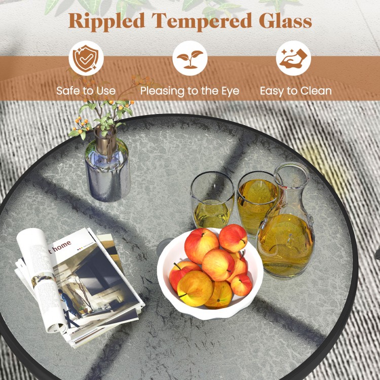 Round dining table featuring rippled tempered glass, perfect for outdoor bistro set with 1.57-inch umbrella hole.
