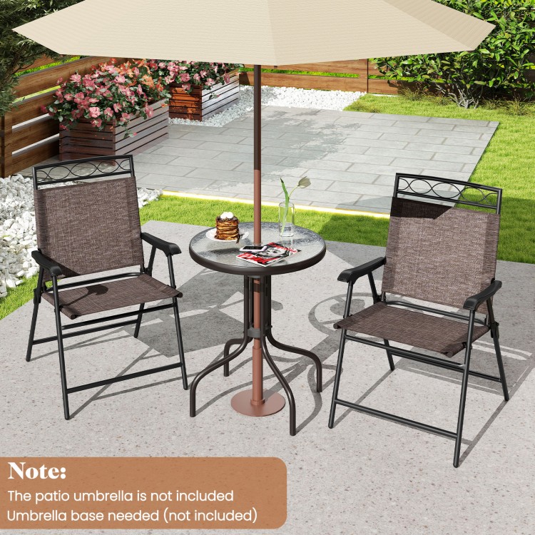 Outdoor bistro dining set featuring two folding chairs and a round table with a 1.57-inch umbrella hole for patio use.