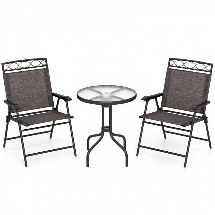 Outdoor bistro dining set featuring two folding chairs and a round table with a 1.57-inch umbrella hole for patios.