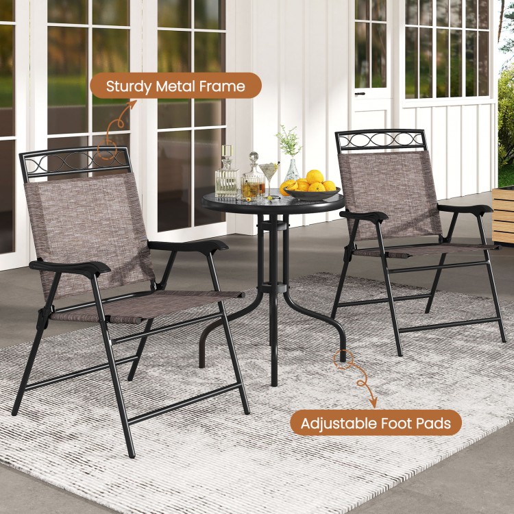 Two folding patio chairs and a round table with a 1.57-inch umbrella hole, featuring a sturdy metal frame for outdoor.