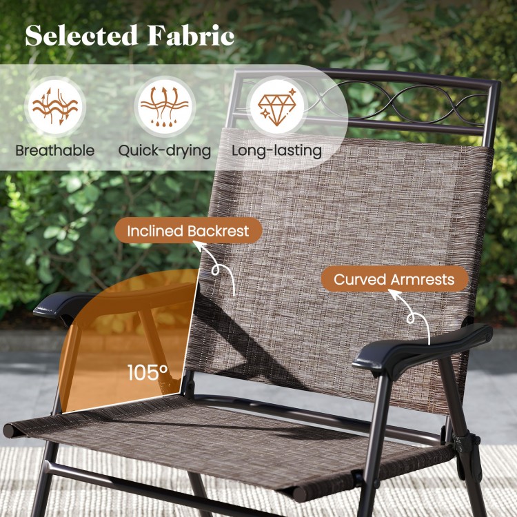 Inclined backrest and curved armrests of a breathable outdoor chair in a 3-piece bistro dining set for summer comfort.
