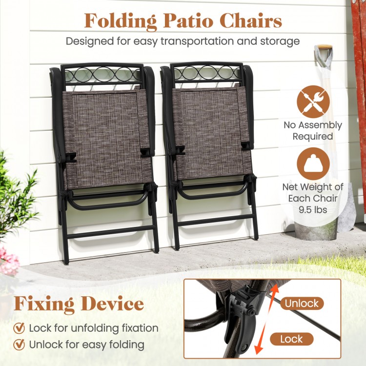 Folding patio chairs with breathable fabric and sturdy metal frame, designed for easy storage and transport.