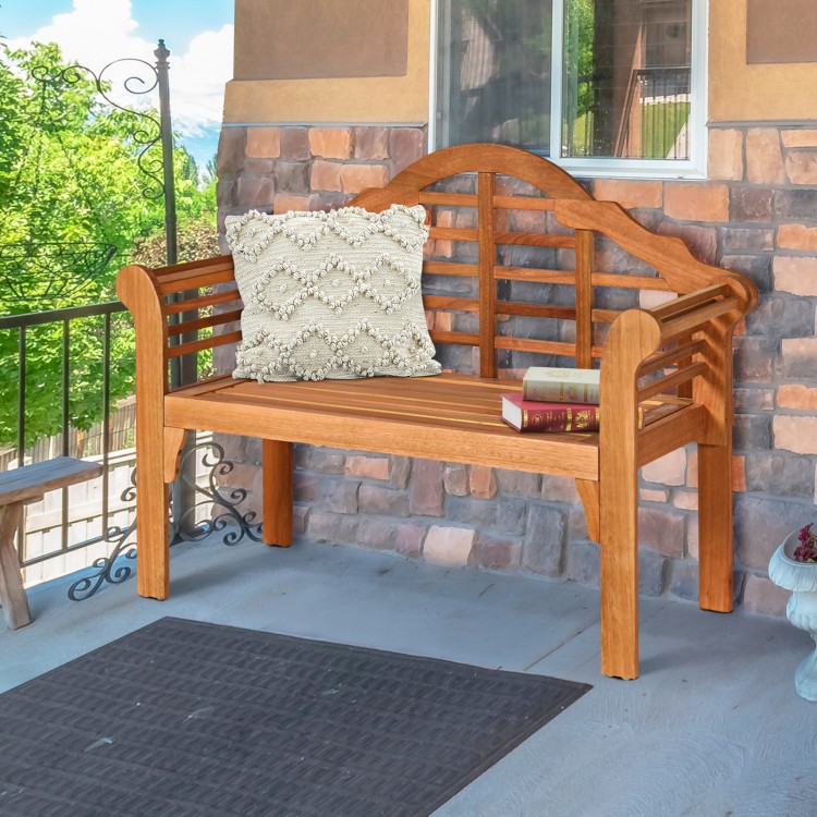 Spacious 49-inch eucalyptus wood folding bench with a decorative backrest, ideal for garden and patio enjoyment.