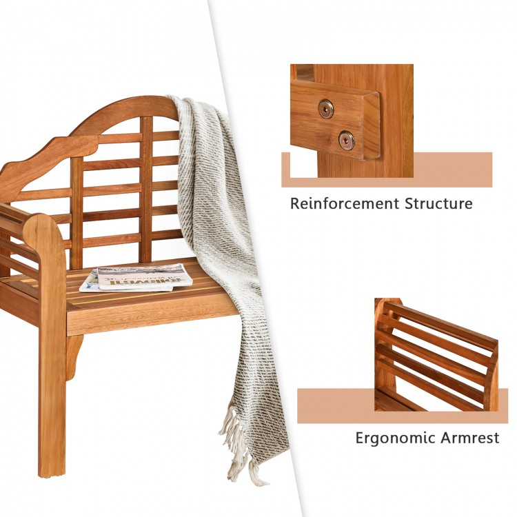Eucalyptus wood outdoor folding bench with ergonomic armrest and reinforcement structure, perfect for patio or garden.