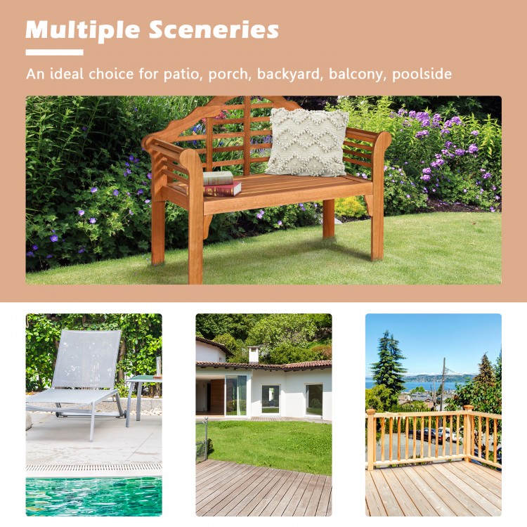 Eucalyptus wood outdoor folding bench with backrest and armrest, ideal for patio and garden seating for two.