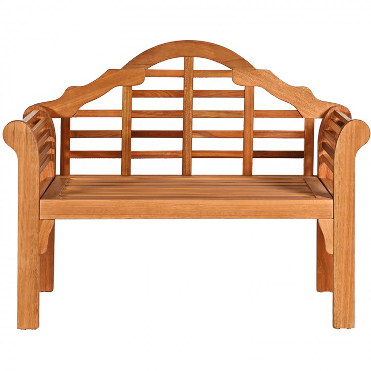 Eucalyptus wood outdoor folding bench with backrest and armrests, perfect for patio or garden seating for two.