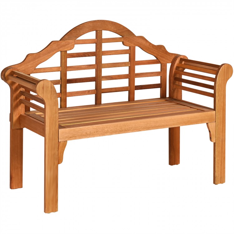 Eucalyptus wood outdoor folding bench with backrest and armrests, perfect for garden or patio seating for two.