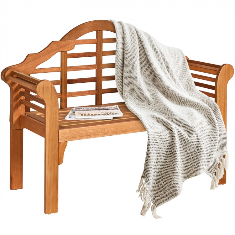 Eucalyptus wood outdoor folding bench with backrest and armrest, perfect for patio or garden seating for two.