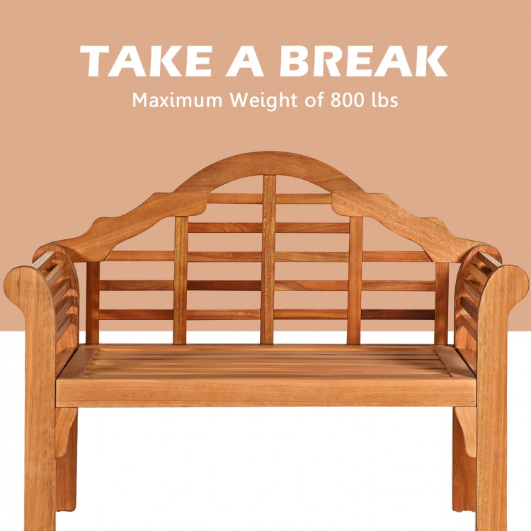 Eucalyptus wood outdoor folding bench with backrest and armrest, sturdy design for patio and garden seating.