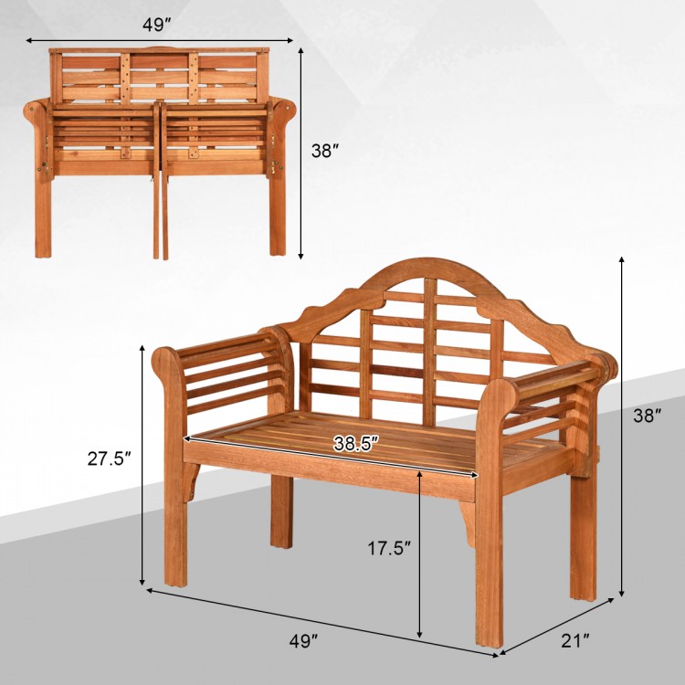 Eucalyptus wood outdoor folding bench with backrest and armrest, 49-inch, perfect for garden and patio seating.