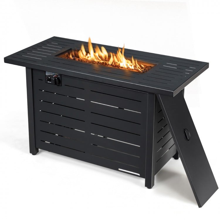 Rectangular 42-inch propane fire pit table with a modern design, 60,000 BTU output, and waterproof cover for outdoor.