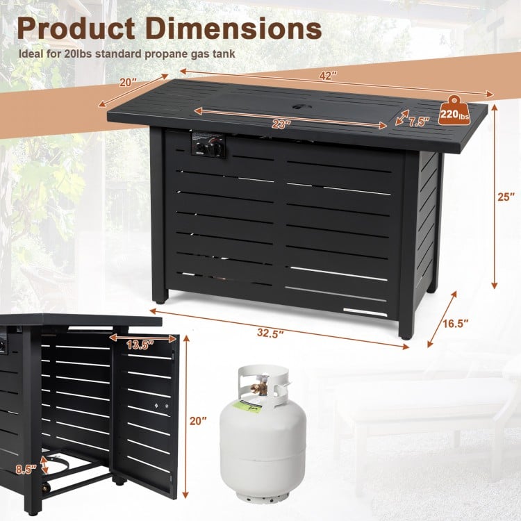 42-inch rectangular propane fire pit table with dimensions, designed for 20 lbs gas tank, includes waterproof cover.
