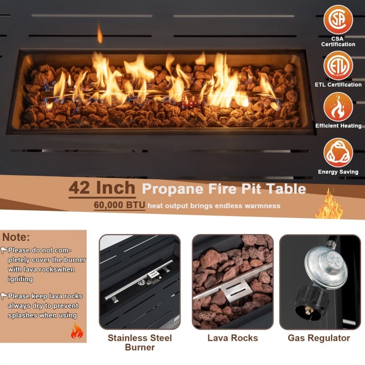 Rectangular 42-inch propane fire pit table with lava rocks, 60,000 BTU heat output, and waterproof cover for outdoor.