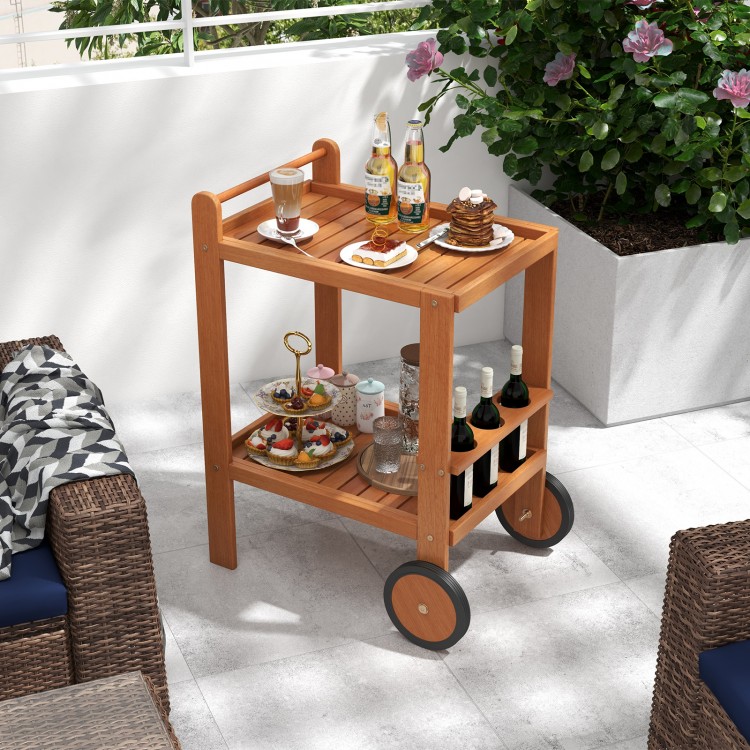 2 Tier rolling serving cart with wine bottle holders, hardwood construction, and rubber wheels for easy outdoor use.