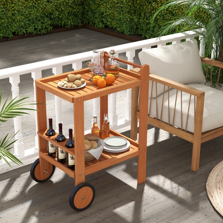 2 Tier Rolling Serving Cart with teak oil finish, featuring wine bottle holders and rubber wheels, perfect for outdoor.