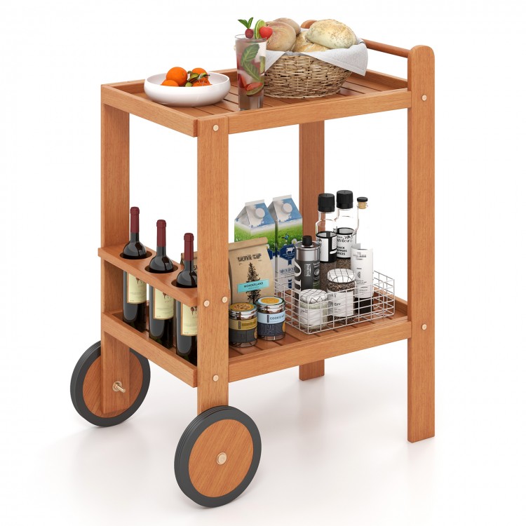 2 Tier rolling serving cart with wine bottle holders, hardwood finish, and rubber wheels for easy mobility indoors and.