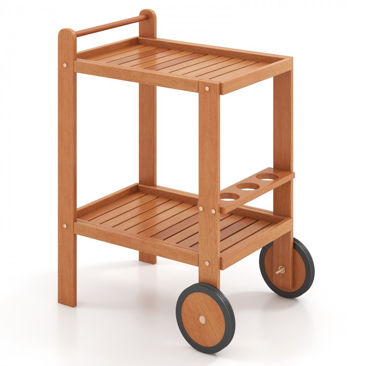 2 Tier Rolling Serving Cart with hardwood finish, slatted design, and rubber wheels, perfect for outdoor entertaining.