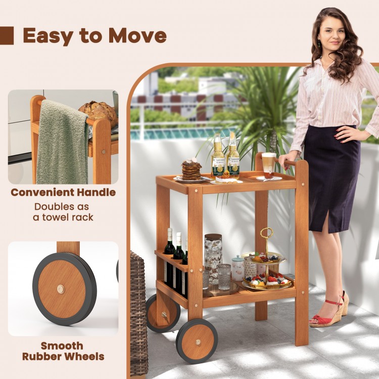 2 Tier Rolling Serving Cart with wine bottle holders, hardwood finish, and rubber wheels for easy movement indoors or.