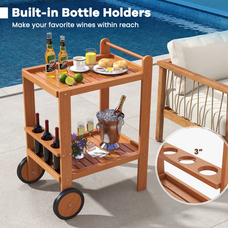 2 Tier Rolling Serving Cart with wine bottle holders, slatted design, and rubber wheels for easy outdoor use.