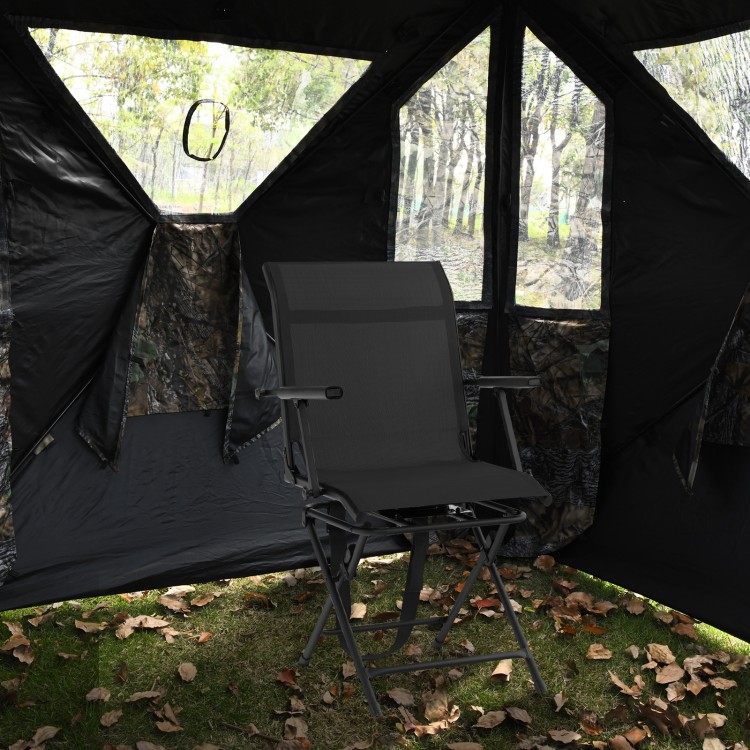 Foldable swivel patio chair with armrest and mesh back, ideal for outdoor use and stable on any terrain.