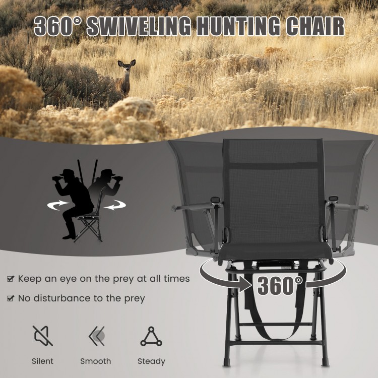 Foldable swivel patio chair with armrest, black mesh back, 360-degree rotation for optimal hunting angles.