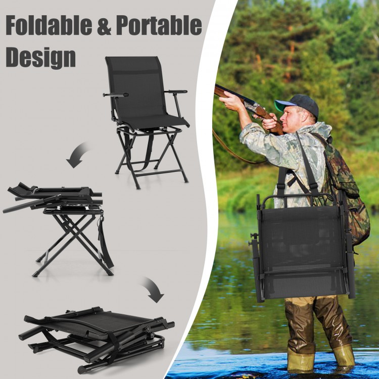 Foldable swivel patio chair with armrest, black mesh back, portable design for outdoor use, ideal for hunting.