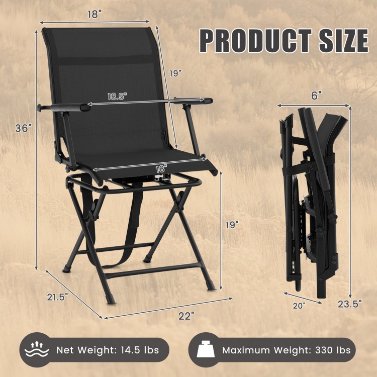 Foldable swivel patio chair with armrest, black mesh back, dimensions 36"x22"x19", supports up to 330 lbs for outdoor.
