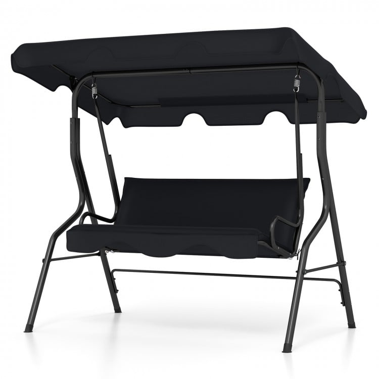 Three-seat patio canopy swing in black with a durable steel frame, perfect for outdoor relaxation in gardens or yards.