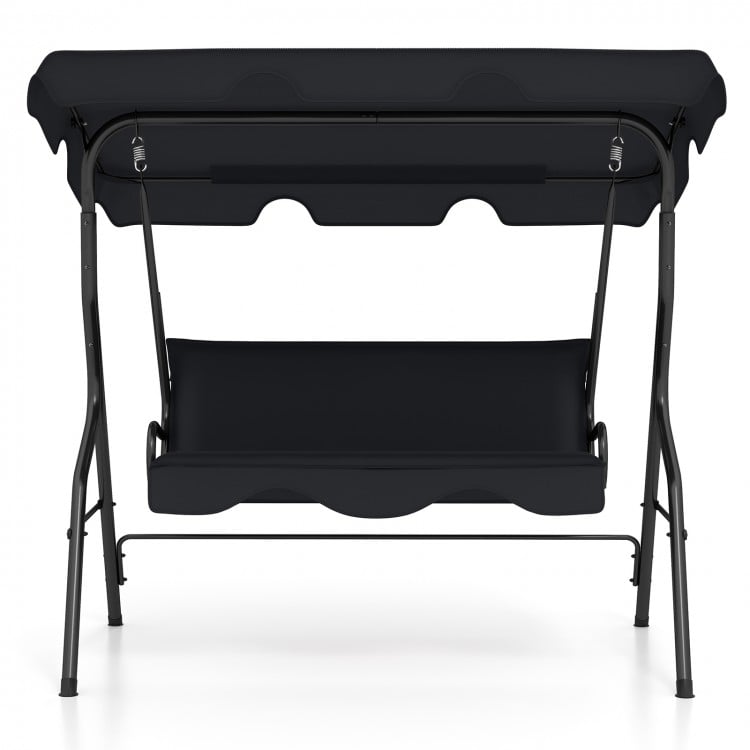 Three-seat black patio canopy swing with durable steel frame, perfect for outdoor relaxation in gardens or balconies.