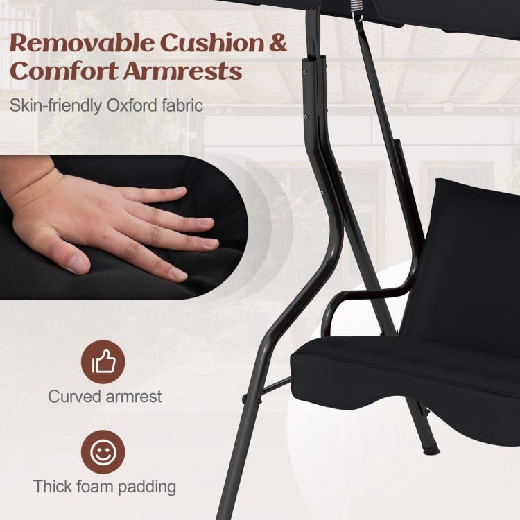 Removable cushion and comfort armrests on a black three-seat patio canopy swing made of durable steel for outdoor.