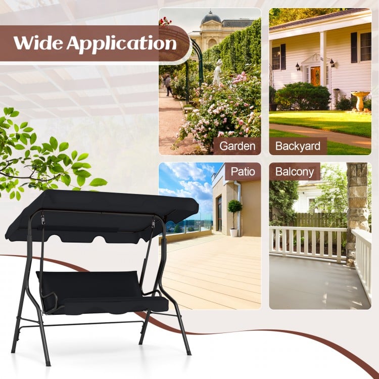 Three-seat black patio canopy swing with durable steel frame, perfect for garden, balcony, or outdoor relaxation.