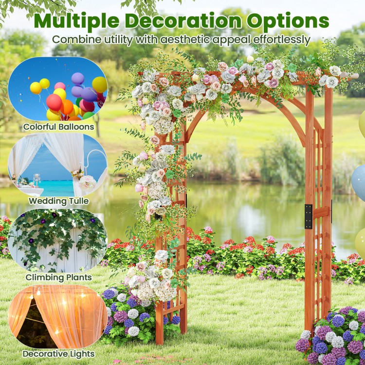 Garden archway with lattice trellis design, perfect for climbing plants and outdoor wedding decor. Moisture resistant.